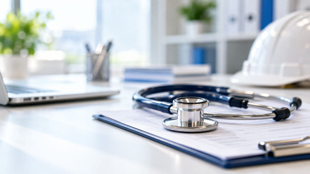 Stethoskop und Unterlagen als Symbol für Arbeitsmedizin und Gesundheitsvorsorge
